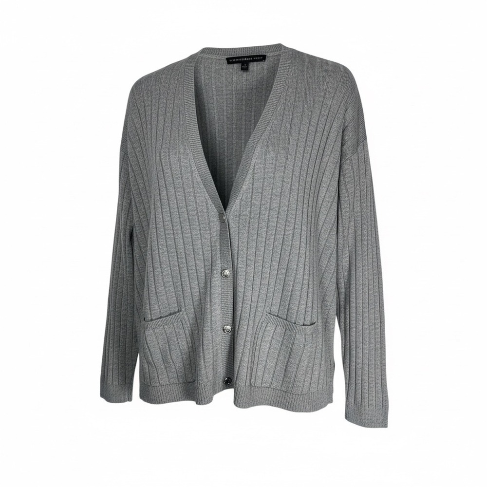 White House Black Market Ribbed Cardigan Small Gray Button Front Wool Blend